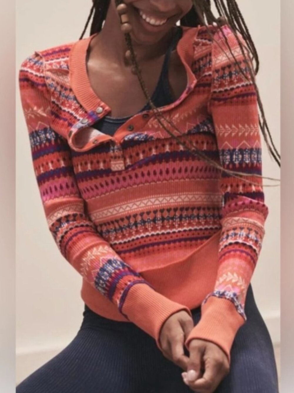 FP Movement by Free People Coral Multi-Stripe Long Sleeve Henley Top